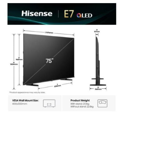Hisense E7Q 75E79Q, 190,5 cm (75?), 3840 x 2160 Pixel, QLED, Smart TV, Wi-Fi, Nero